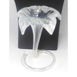 Free Standing Art Glass Lily Shaped Bud Vase Clear and White Handblown